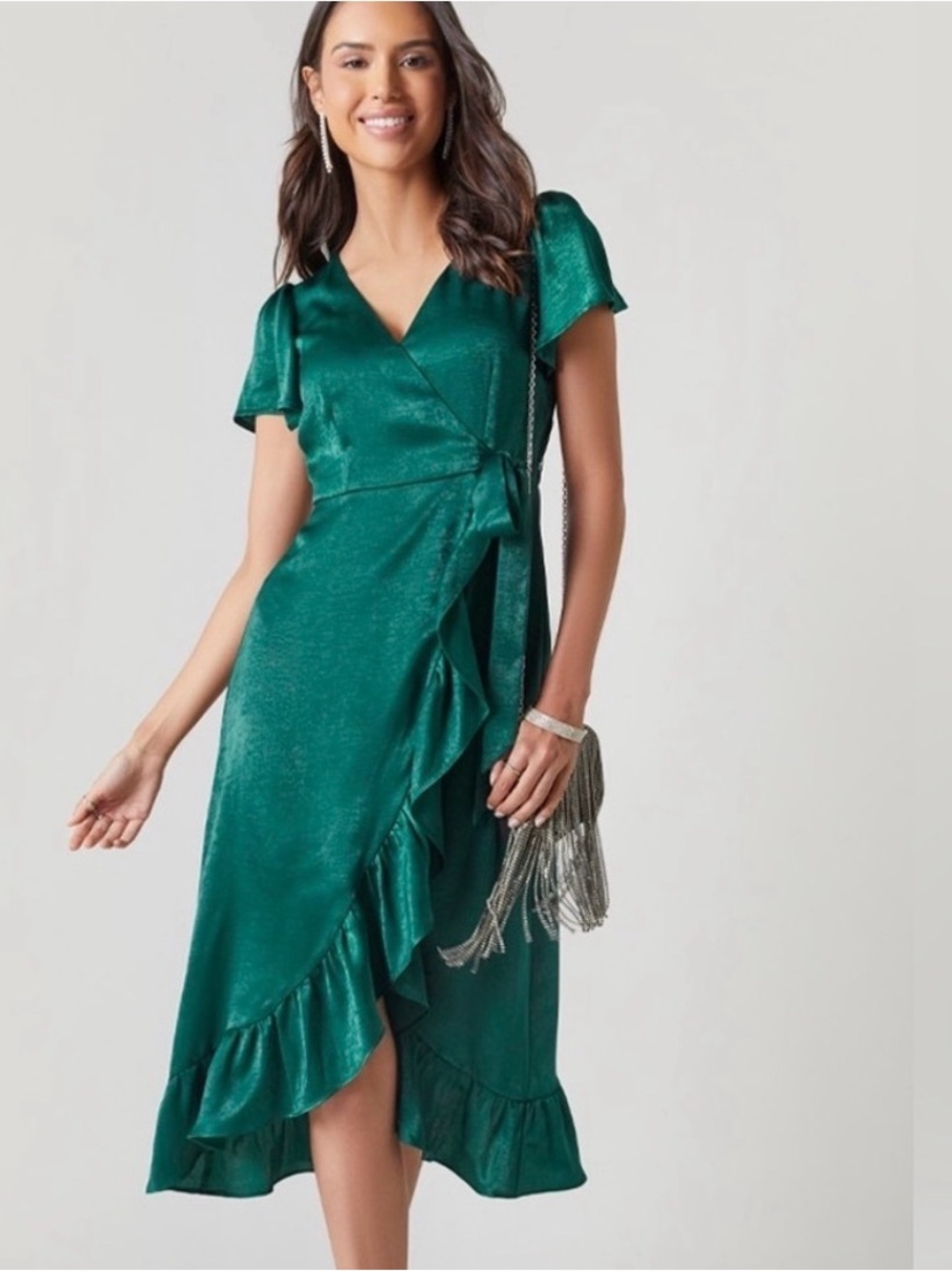 miami Shimmering Teal Wrap Midi Dress with Ruffles